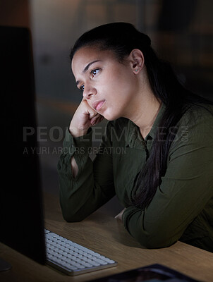 Buy stock photo Burnout, computer and bored woman working at night in office, unhappy and frustrated with internet glitch on dark background. Startup, tired and female at work late for deadline, 404 or boring task