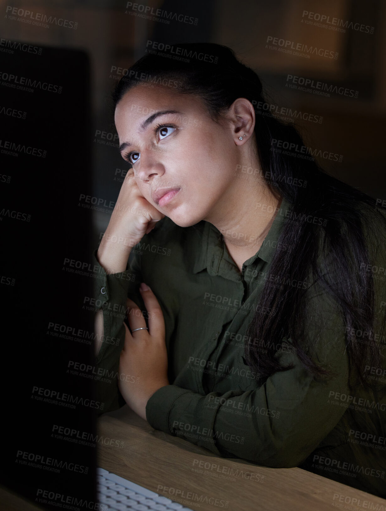 Buy stock photo Tired, computer and bored woman working at night in office,  unhappy and frustrated with internet glitch on dark background. Startup, burnout and female at work late for deadline, 404 or boring task