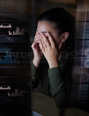 Buy stock photo Frustrated, hologram and woman with stress at night in office for coding, programming and online glitch. Digital screen overlay, 404 problem and tired, exhausted and upset female with computer error