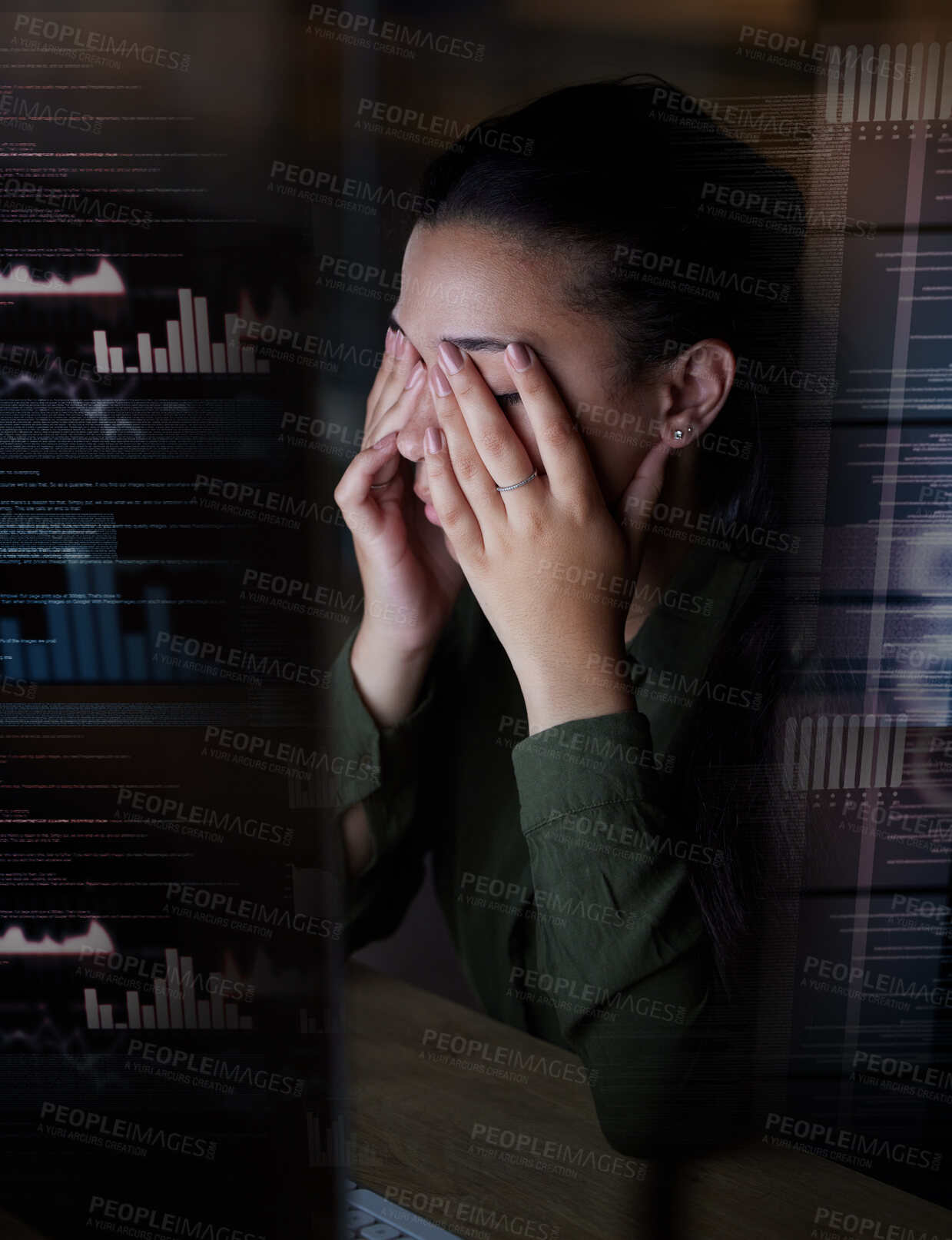 Buy stock photo Frustrated, hologram and woman with stress at night in office for coding, programming and online glitch. Digital screen overlay, 404 problem and tired, exhausted and upset female with computer error