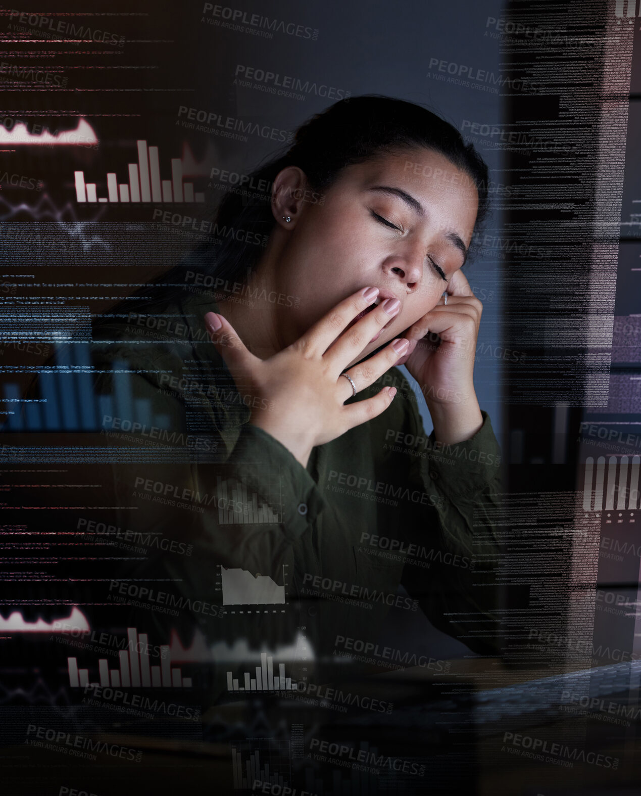 Buy stock photo Yawn, digital hologram and woman at night in office for coding, programming and information technology. 3d screen overlay, networking and tired, exhausted and sleepy female worker on computer at desk