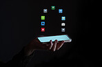 Phone app hologram, hand and mobile networking with software and digital transformation. 3d digital animation, night and technology showing apps icons graphic for virtual connection in the dark