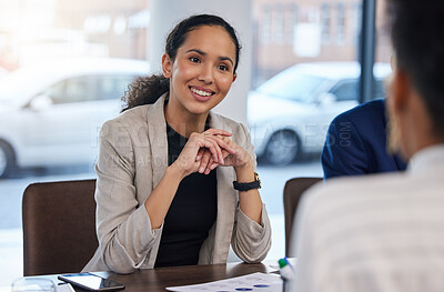 Buy stock photo Job interview, happy and woman in office for business meeting, discussion and networking with candidate. We are hiring, smile and friend HR lady explaining hiring process, recruitment and our vision