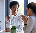 Coffee shop, meeting and black woman in conversation, b2b networking and business discussion or collaboration. Professional people teamwork with tea or drink in restaurant, cafe or remote workspace