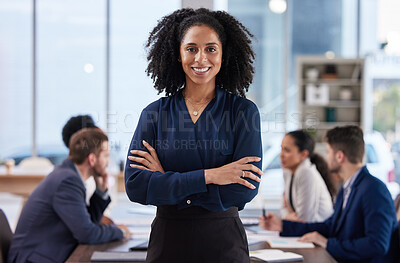 Buy stock photo Portrait, leader and proud business woman in meeting with group for planning, discussion and problem solving in office. Face, ambition and mindset by female manager with team for creative solution