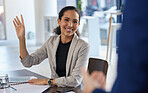 Wave, greeting and businesswoman happy for meeting with corporate colleague in an office of startup company. Smile, waving and female professional employee or entrepreneur as a leader at workplace