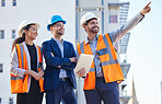 Engineering people pointing for outdoor planning, teamwork or collaboration at building construction site or development. Architecture, property and business contractor or industry person with group