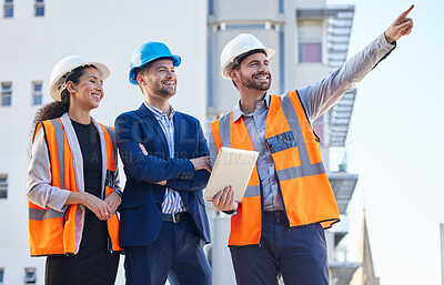 Buy stock photo Engineering people pointing for outdoor planning, teamwork or collaboration at building construction site or development. Architecture, property and business contractor or industry person with group