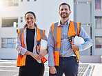 Team portrait of engineering people in outdoor, construction site, development or project management mindset. Architecture, diversity and builder woman with partner, building and industry leadership