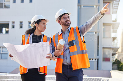 Buy stock photo Architecture people pointing outdoor with blueprint planning, teamwork and construction worker at city site. Engineering project, floor plan and woman, contractor or partner for building development