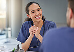 Nurse, happy woman and meeting healthcare team for hospital management, medicine and leadership discussion. Female doctor, smile and talking to employees in collaboration, clinic and surgery planning