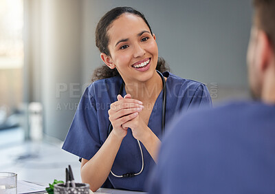 Buy stock photo Nurse, happy woman and meeting healthcare team for hospital management, medicine and leadership discussion. Female doctor, smile and talking to employees in collaboration, clinic and surgery planning