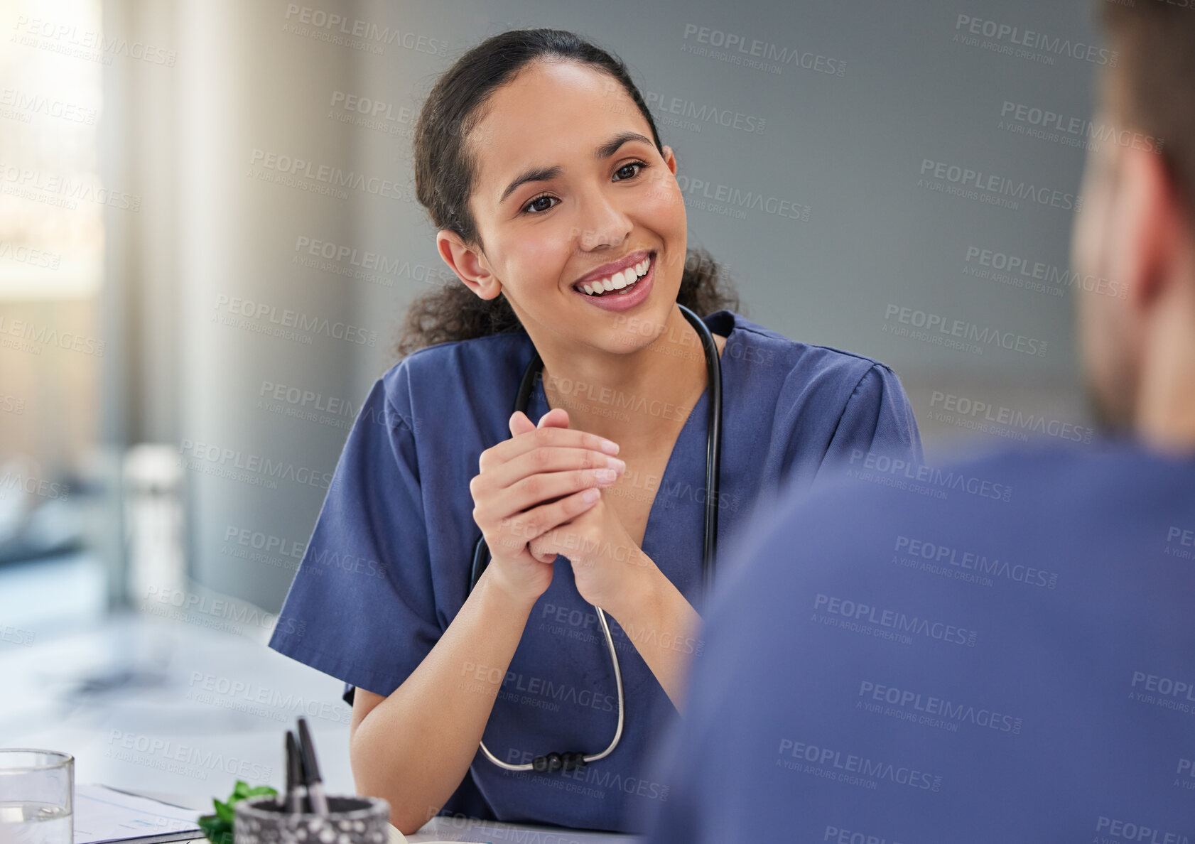 Buy stock photo Nurse, happy woman and meeting healthcare team for hospital management, medicine and leadership discussion. Female doctor, smile and talking to employees in collaboration, clinic and surgery planning