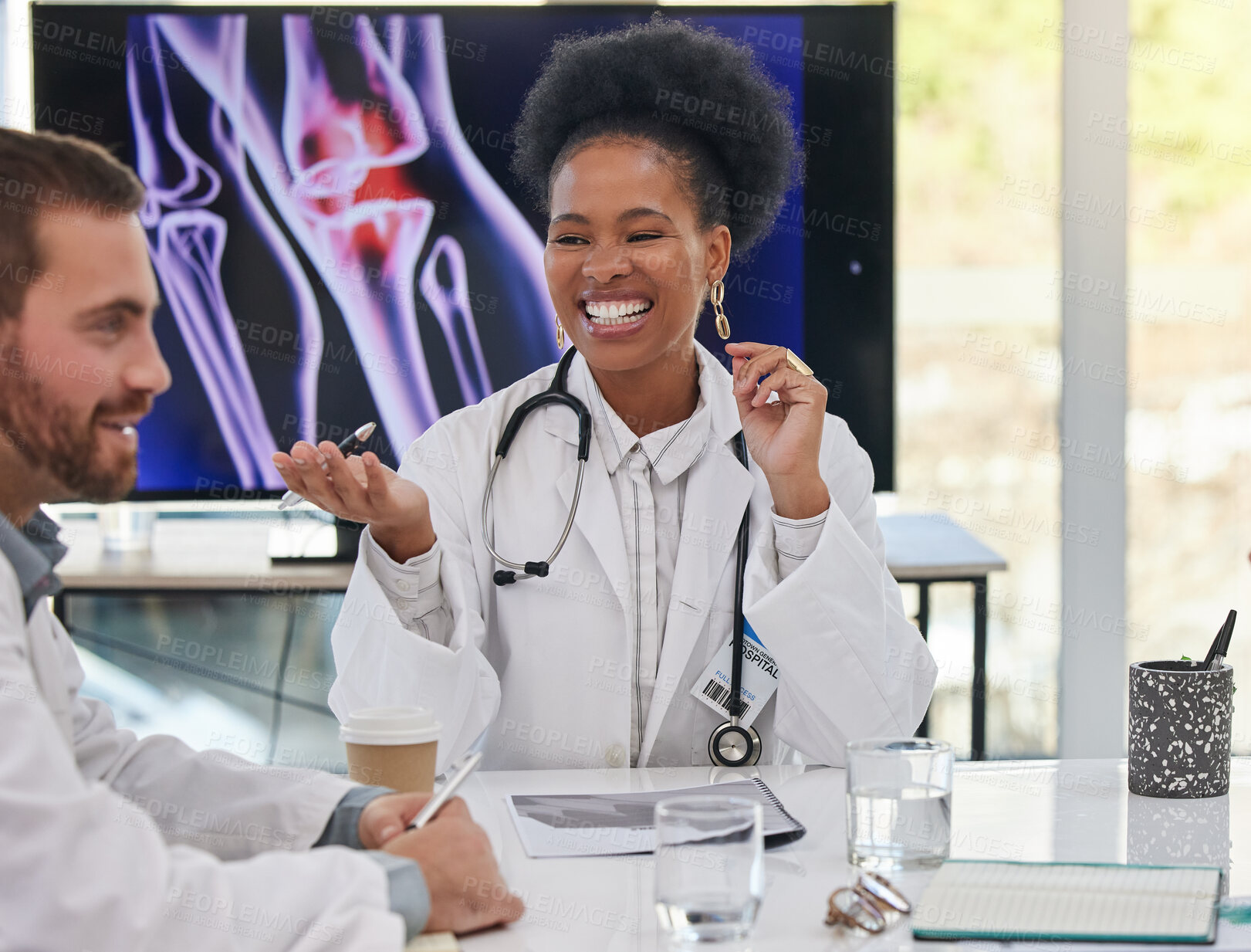 Buy stock photo Medical presentation, woman doctor smile and healthcare team in a doctors meeting. X ray research, happy and collaboration of a health and wellness group in clinic office for diagnosis strategy