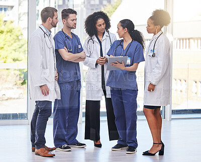 Buy stock photo Doctors, teamwork and medical discussion in hospital for surgery planning, agenda report and schedule. Diversity group of healthcare staff in collaboration of paperwork, research and medicine results