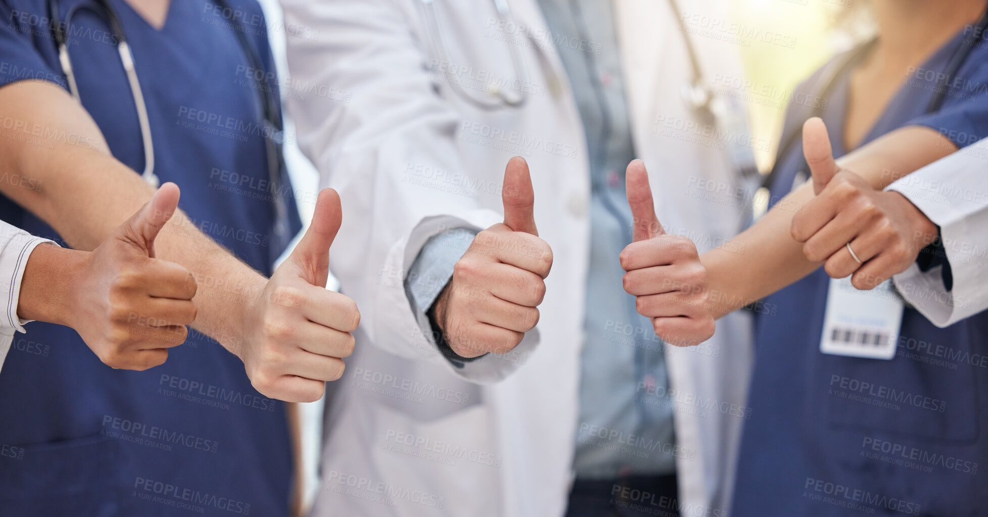 Buy stock photo Thumbs up, group hands and teamwork of doctors celebrate success, support and trust in medical clinic. Closeup, healthcare staff and thumb sign in collaboration, agreement and yes emoji of motivation