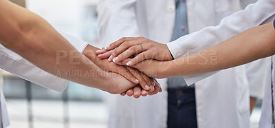 Buy stock photo Doctors, hands and healthcare teamwork in support, collaboration and celebrate hospital trust. Motivation, medical staff and solidarity for success, celebration and mission of clinic goals in synergy