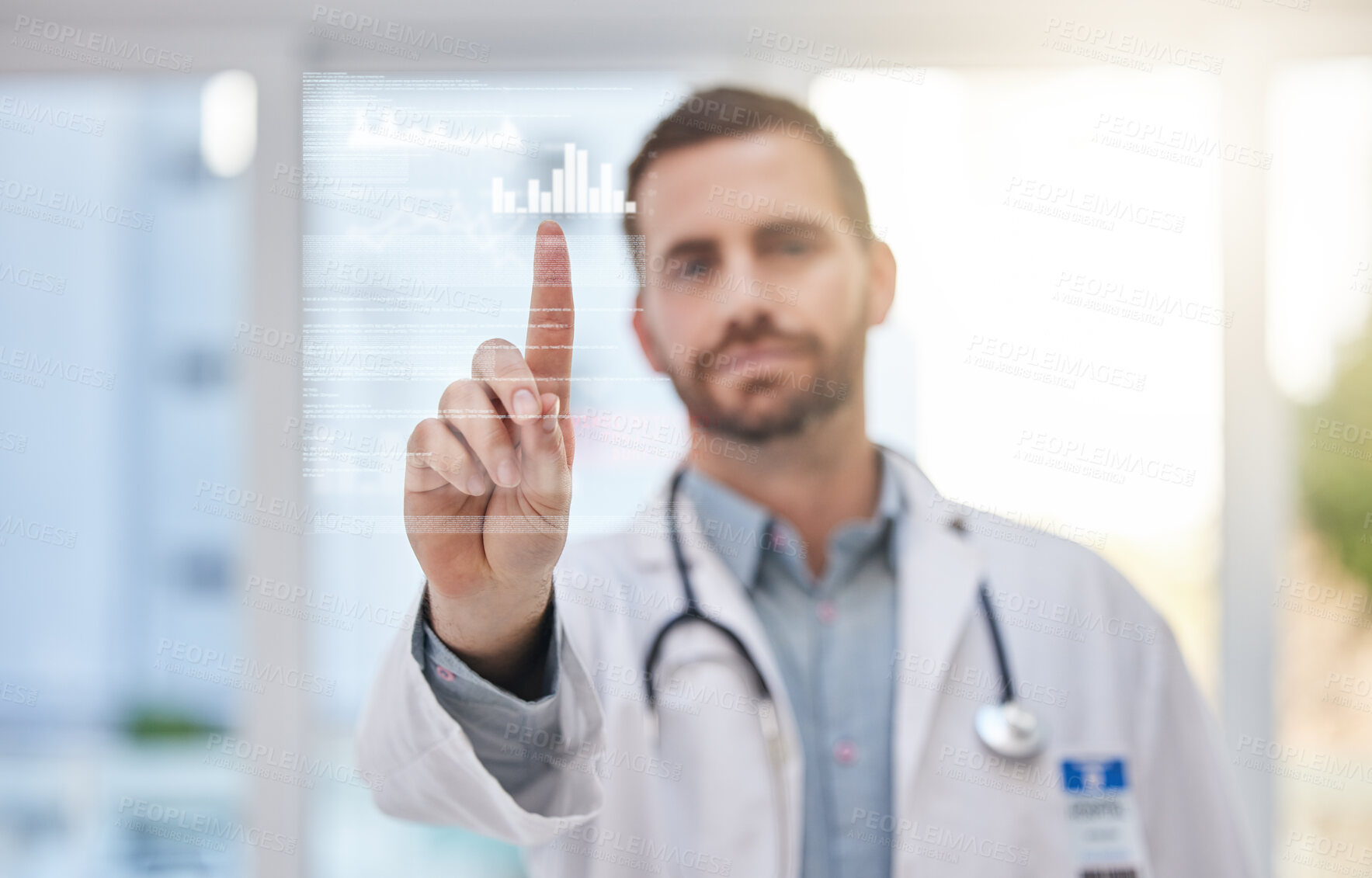 Buy stock photo Doctor, data analytics and technology abstract, screen and button, man touch with hand and infographics in hospital. Electronic results, digital overlay of medical statistics and person in healthcare