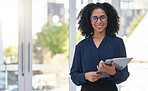 Portrait, checklist and business woman in office happy, smile and confident with positive mindset. Leader, face and female corporate employee with clipboard for management, schedule and agenda