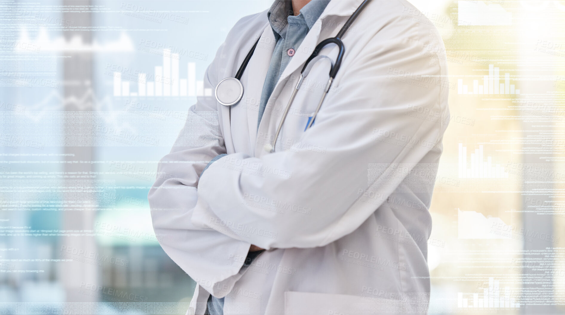 Buy stock photo Doctor, healthcare and hologram with arms crossed, man and overlay, graph and medical professional. Health infographics, data and statistics, digital transformation with medicine research in hospital