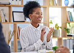 Black woman, business applause and office team meeting with a worker happy about teamwork. Corporate achievement, deal and contract celebration of a female employee with happiness from promotion