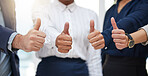 Hands, closeup and business people with thumbs up in office for thank you, partnership or success. Zoom, hand and finger emoji by team of professional employees showing support, yes or join us symbol