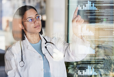 Buy stock photo Woman doctor, data overlay and healthcare worker pointing to hospital stats and analytics. Clinic, wellness and health research hologram with a female employee checking insurance information