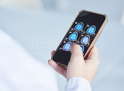 Buy stock photo Brain x ray, clinic phone results and doctor hands with digital report about neurology work. Anatomy, xray and assessment data with a healthcare employee holding mri test information in a hospital