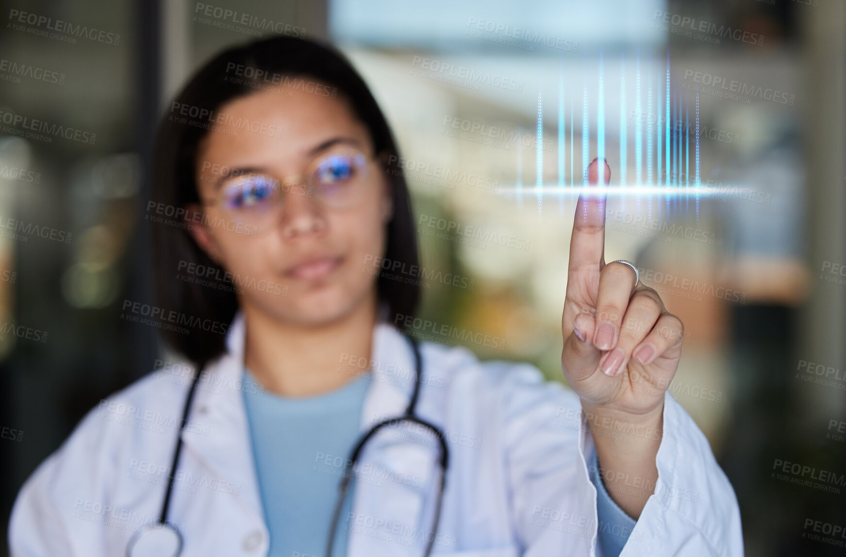 Buy stock photo Digital medical info, data overlay and woman doctor pointing to hospital analytics. Clinic, wellness and health research hologram with a female employee checking futuristic healthcare in a metaverse 