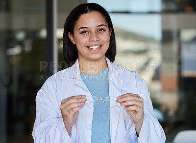 Buy stock photo Optometry, happy and portrait of a woman with glasses for vision, decision and eyecare. Smile, consulting and optometrist with eyewear for choice, frame prescription and lens for care of eyes