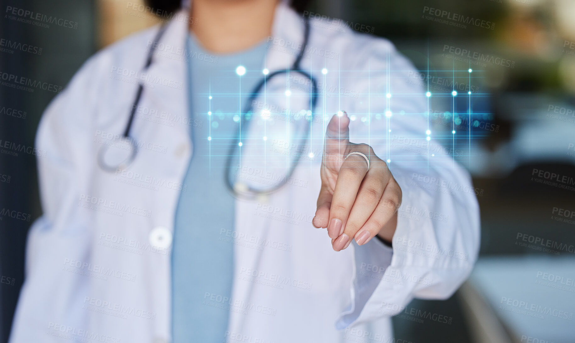 Buy stock photo Doctor hand, futuristic chart and finger of healthcare worker pointing to hospital analytics. Clinic, wellness and health research hologram with 3d metaverse graph and medical data information