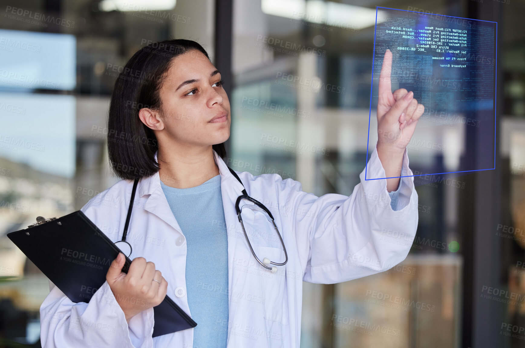 Buy stock photo Hospital coding chart, graphic and woman doctor check medical stats and healthcare analytics. Clinic, futuristic wellness and health research code hologram with employee checking 3d  information