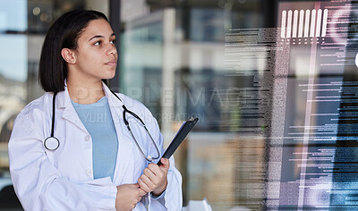 Buy stock photo Doctor data, digital overlay and woman healthcare worker with hospital stats and analytics. Clinic, wellness and health research hologram with a female employee checking laboratory software results