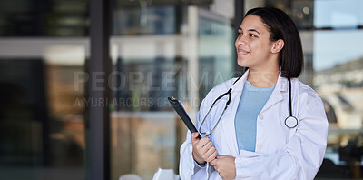 Buy stock photo Thinking, woman and happy doctor with clipboard for patient data, medical results and prescription. Healthcare mockup, hospital and female nurse smile with copy space for wellness, insurance and help