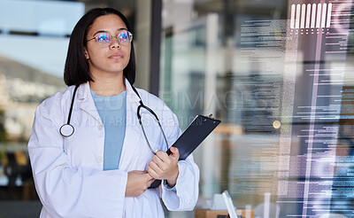 Buy stock photo Hospital code graphic, futuristic data and woman healthcare worker with lab stats and analytics. Wellness database and health research hologram with a female employee checking 3d doctor information