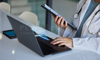 Buy stock photo Hospital, computer stats overlay and woman hands of a doctor working with research data. Medical, healthcare and wellness professional with graph hologram of medicine statistics with paperwork