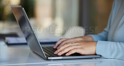 Buy stock photo Business, laptop and hands typing in office for email, report or project in workplace. Computer, keyboard and professional woman or female writing research, planning or internet browsing in company.