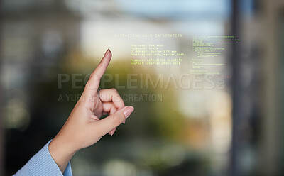 Buy stock photo Closeup, hand and finger with code, hologram and programming for futuristic planning, cyber security and software update. Zoom, hands and programmer coding, holographic or data analytics for security