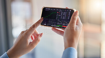 Buy stock photo Stock market, finance chart and phone in hands of woman for crypto, trading analysis and bitcoin screen. Fintech growth, ecommerce and girl on smartphone for financial statistics, profit and invest