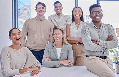 Buy stock photo Portrait, business people and smile for office diversity, management and happiness with pride. Happy group, teamwork and employees with motivation, corporate partnership and collaboration in startup 