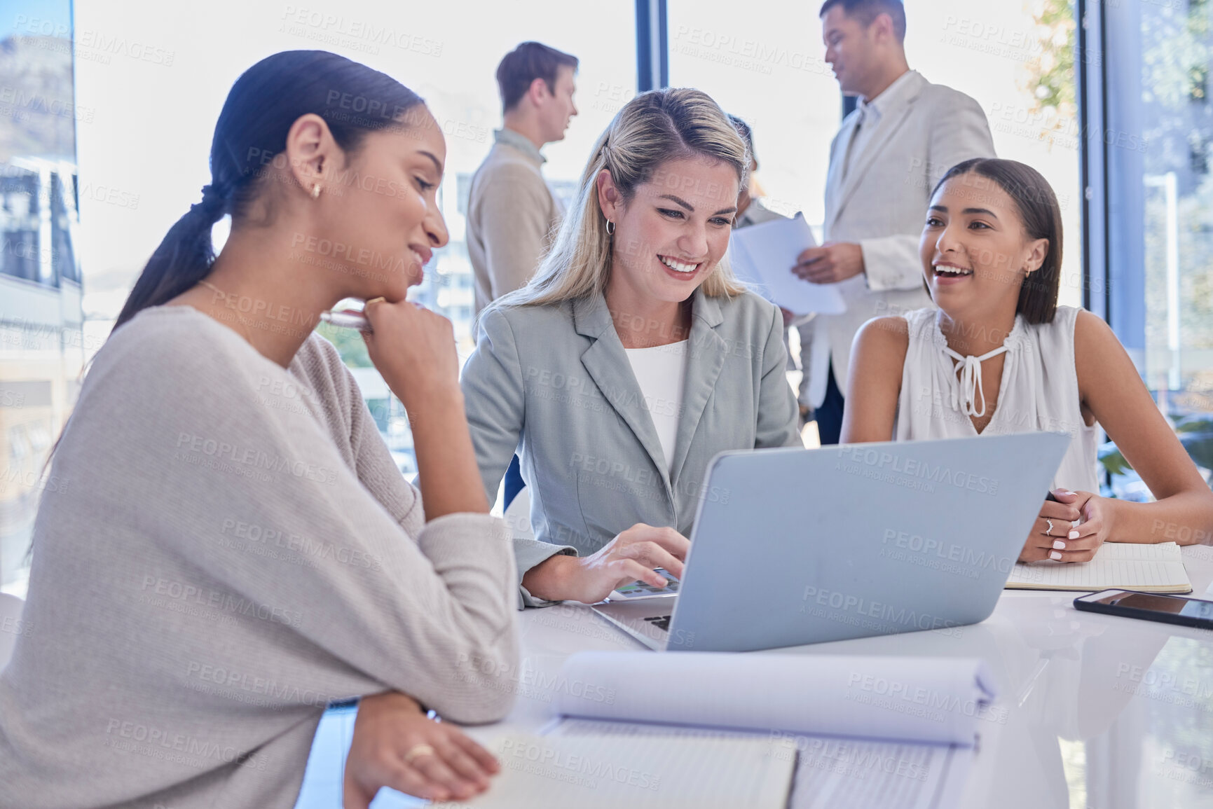 Buy stock photo Laptop, business meeting and women teamwork, planning or office workflow management on company software. Diversity people or employees in workspace for digital brainstorming, talking or collaboration