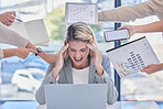 Headache, multitask and business woman in stress, anxiety and burnout of deadlines, time management or pressure. Frustrated female employee scream for migraine, pain or chaos in overwhelmed workplace