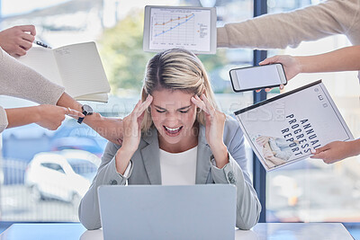 Buy stock photo Headache, multitask and business woman in stress, anxiety and burnout of deadlines, time management or pressure. Frustrated female employee scream for migraine, pain or chaos in overwhelmed workplace