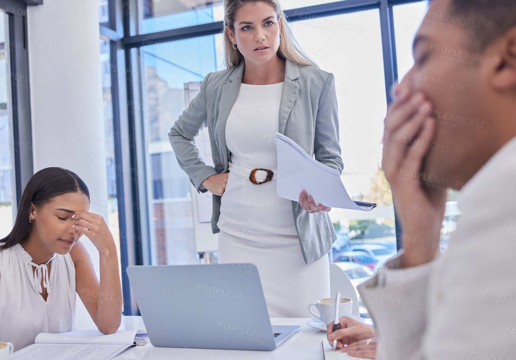 Buy stock photo Tired, management and business people in a meeting with a problem, discussion and frustrated. Angry, talking and manager disappointed while speaking to overworked employees about a work issue