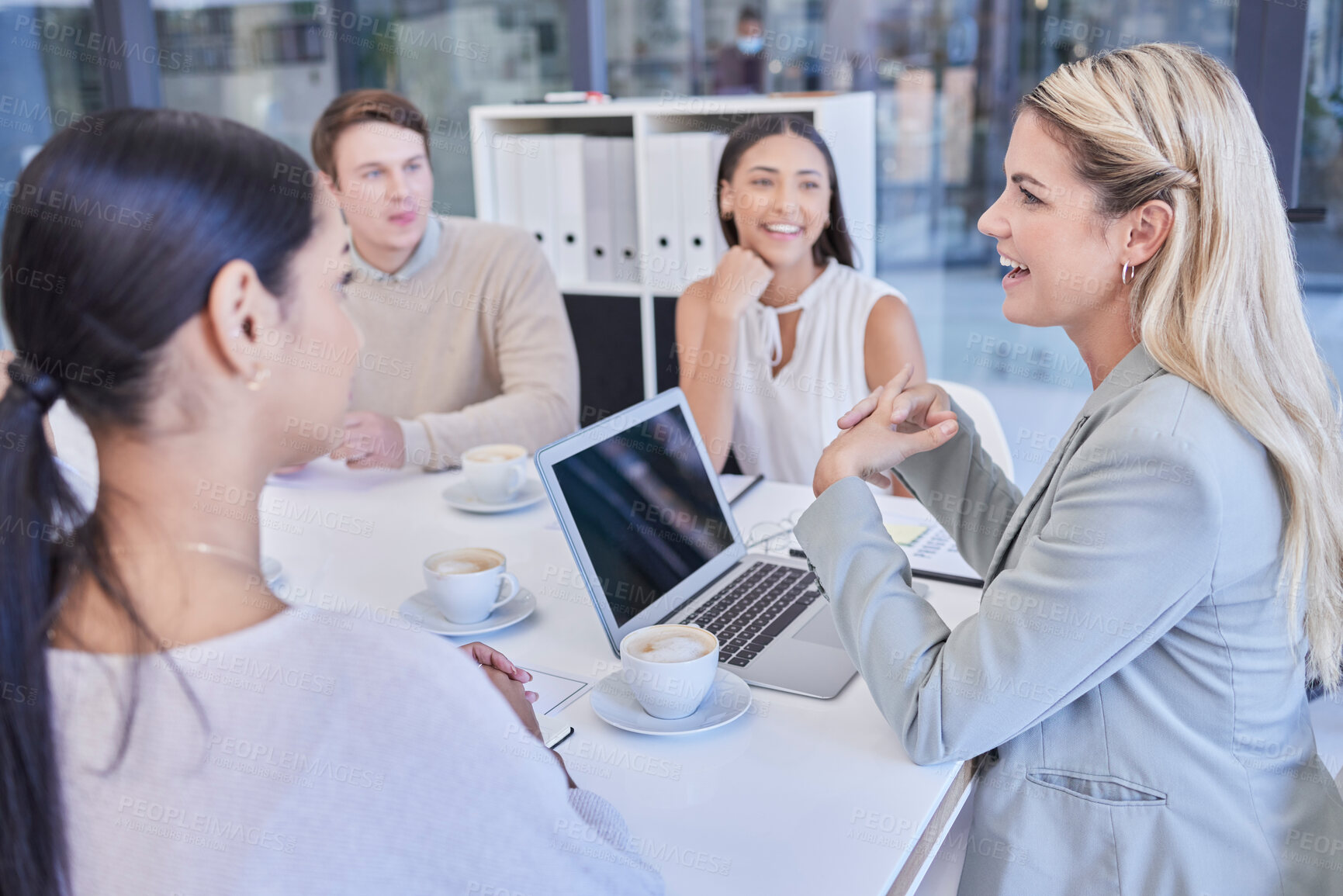 Buy stock photo Leader planning meeting, woman and team strategy communication, discussion or conversation over financial sales. Group collaboration, project management or business people work, consulting or talking