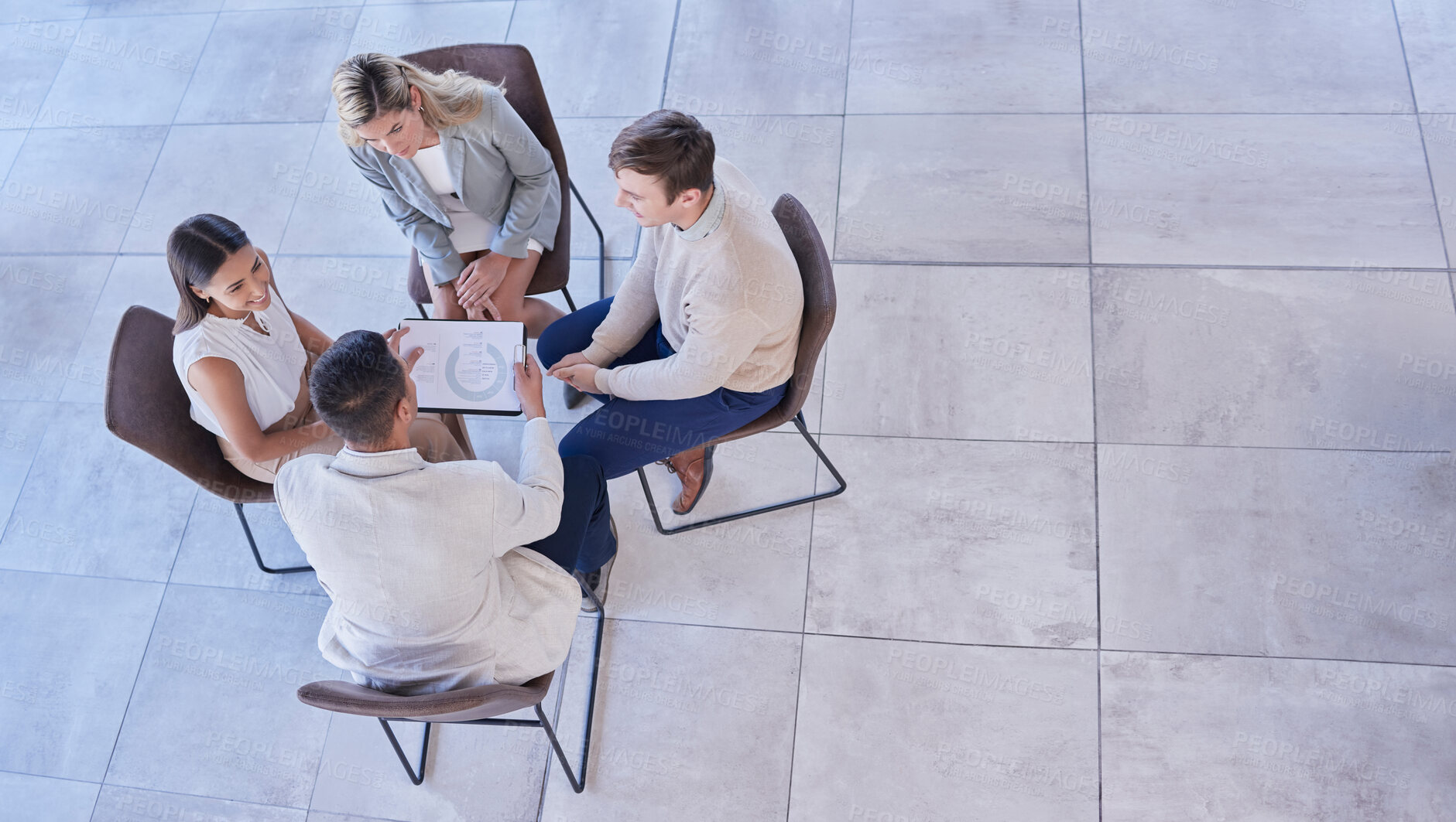 Buy stock photo Planning meeting, portfolio documents or team communication, strategy or conversation about brand sales report. Collaboration mockup, top view or people teamwork, consulting or talking about project