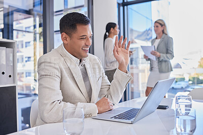 Buy stock photo Video meeting, business man and wave in a digital conference on a office computer. Communication, happiness and businessman talking and greeting in a work training consultation at a web company