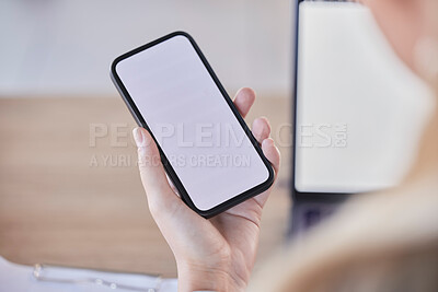 Buy stock photo Woman, hands and phone mockup screen in office for advertising, digital network or online user. Closeup worker, mobile mock up and smartphone space of multimedia app, data download or tech connection