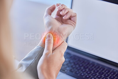 Business woman, wrist injury and red pain from osteoporosis, orthopedic joint and laptop typing in office. Worker, carpal tunnel and hands of health risk, arthritis and muscle fatigue of fibromyalgia
