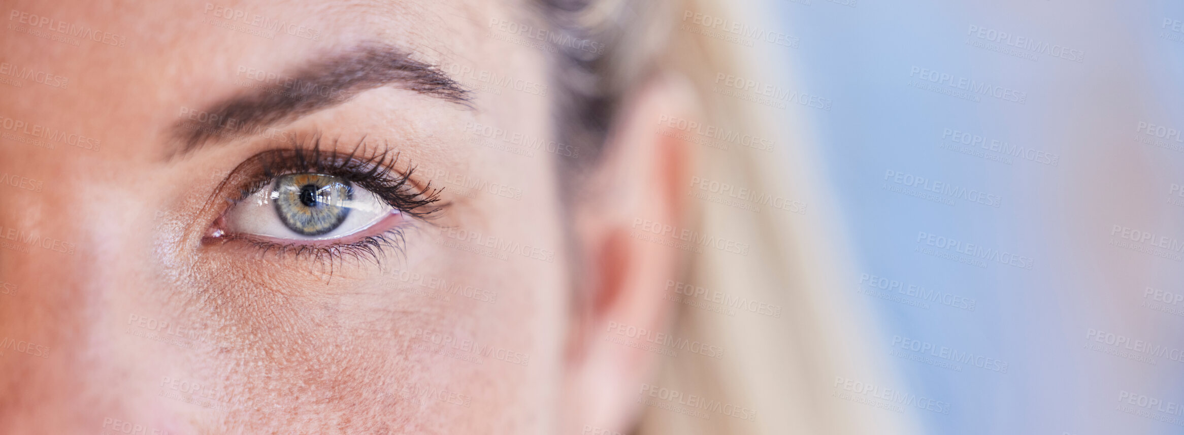 Buy stock photo Eye closeup portrait, woman and mockup space with blurred background for vision, wellness and healthy lens. Beauty, optometry zoom and mock up with cosmetics, makeup eyes and biometric cybersecurity